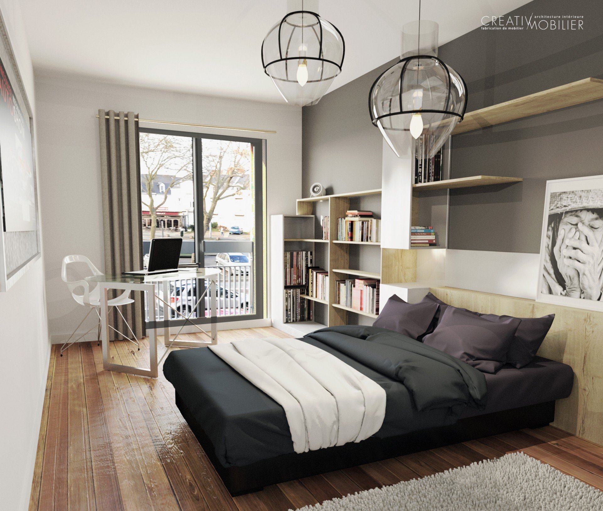 3D aménagement d'une chambre sur-mesure tête de lit et bibliothèque